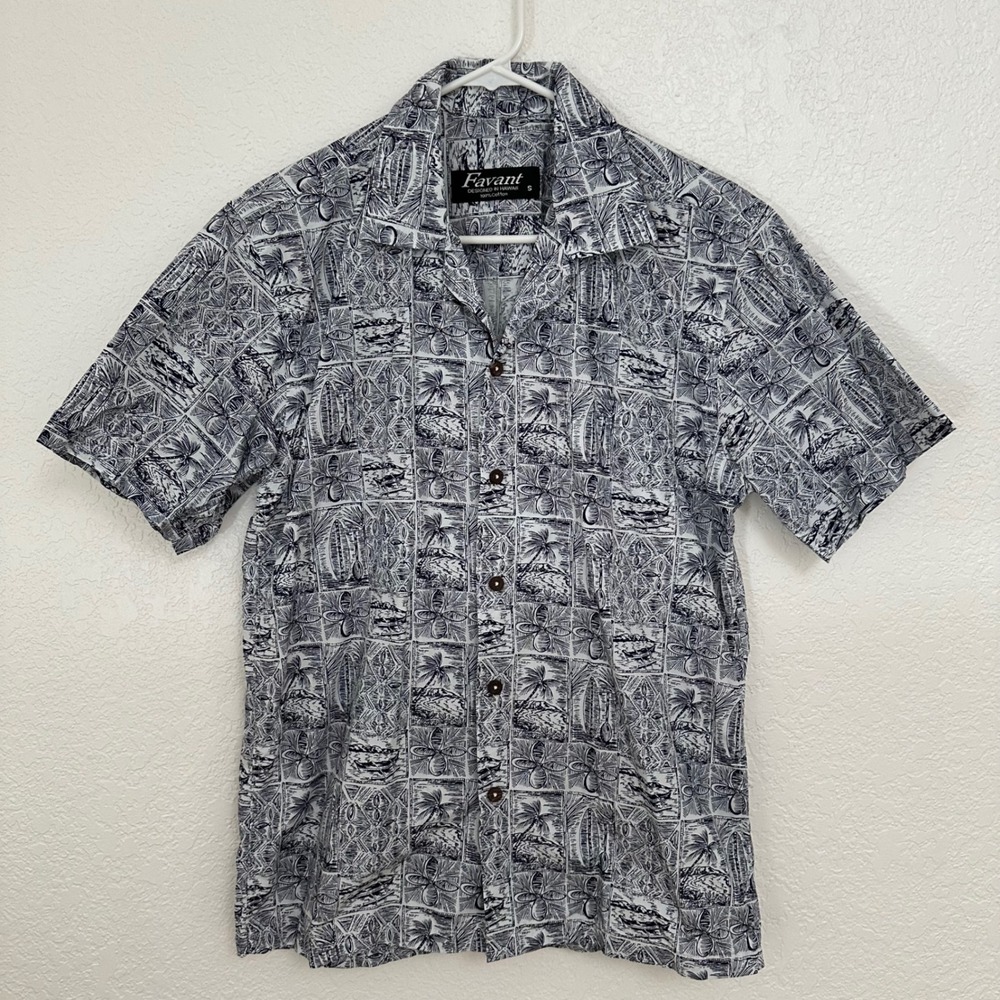 Favant Hawaii Mens Small Blue White Cotton Aloha Hawaiian Surfboard Camp Shirt